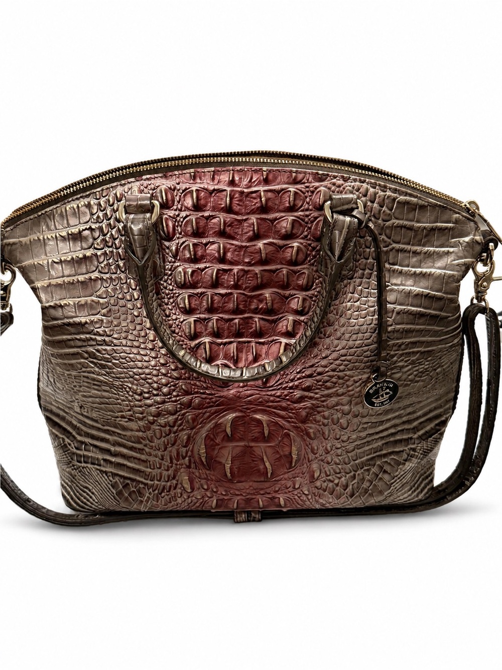 Brahmin Metallic Floral-Embossed Leather Tote in Multi and Taupe